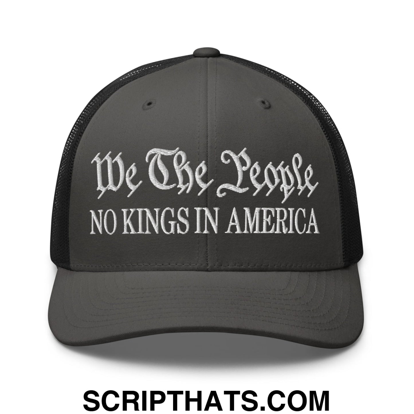 We The People No Kings in America Embroidered Mesh Trucker Hat Charcoal Black
