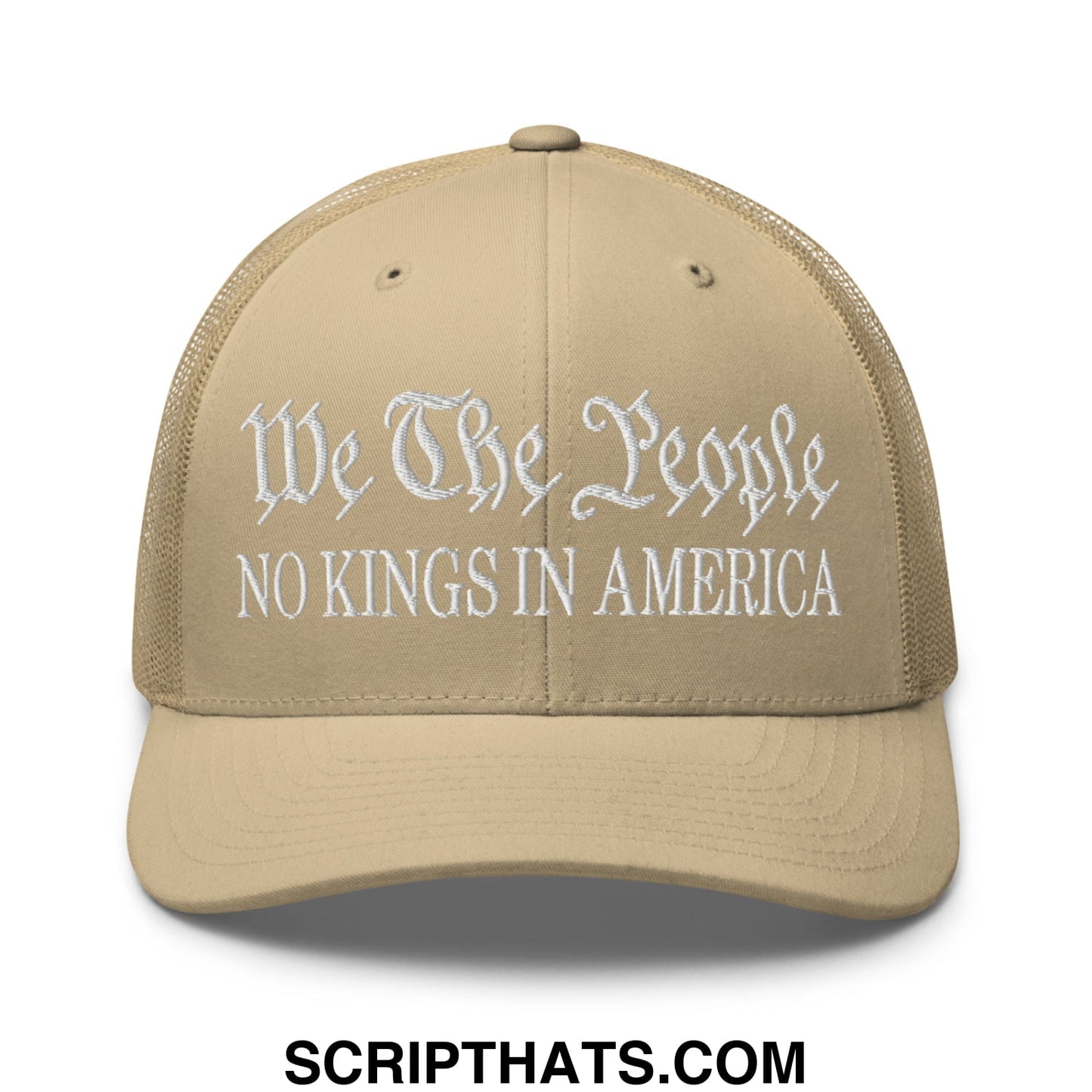 Beige mesh trucker hat with white embroidered text we the people and no kings in america on front panel