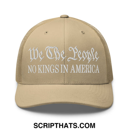 Beige mesh trucker hat with white embroidered text we the people and no kings in america on front panel