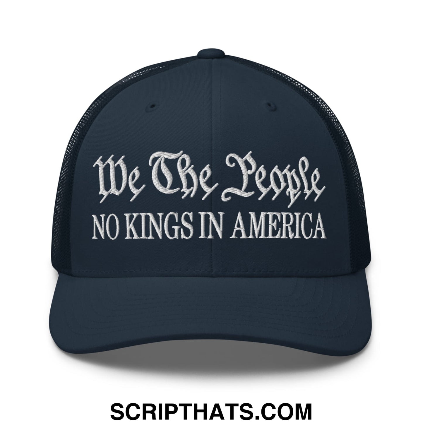 Dark navy mesh trucker hat with white embroidered text we the people no kings in america for casual wear