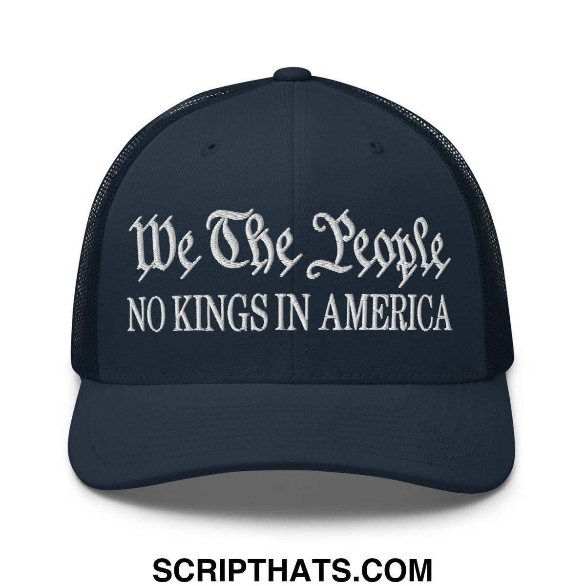 Dark navy mesh trucker hat with white embroidered text we the people no kings in america for casual wear