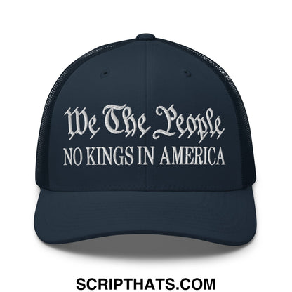 Dark navy mesh trucker hat with white embroidered text we the people no kings in america for casual wear