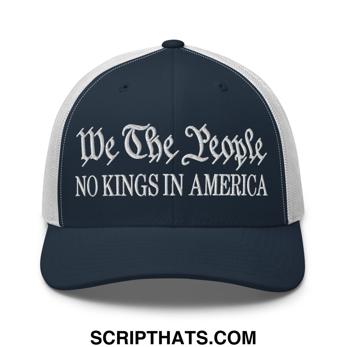 Navy blue and white mesh trucker hat with embroidered we the people no kings in america gothic script text