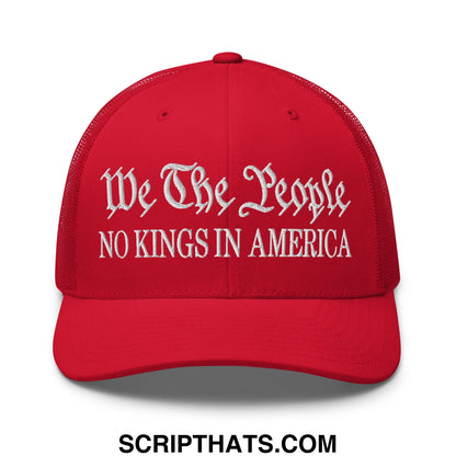 Red mesh trucker hat with white embroidered text reading we the people no kings in america front view