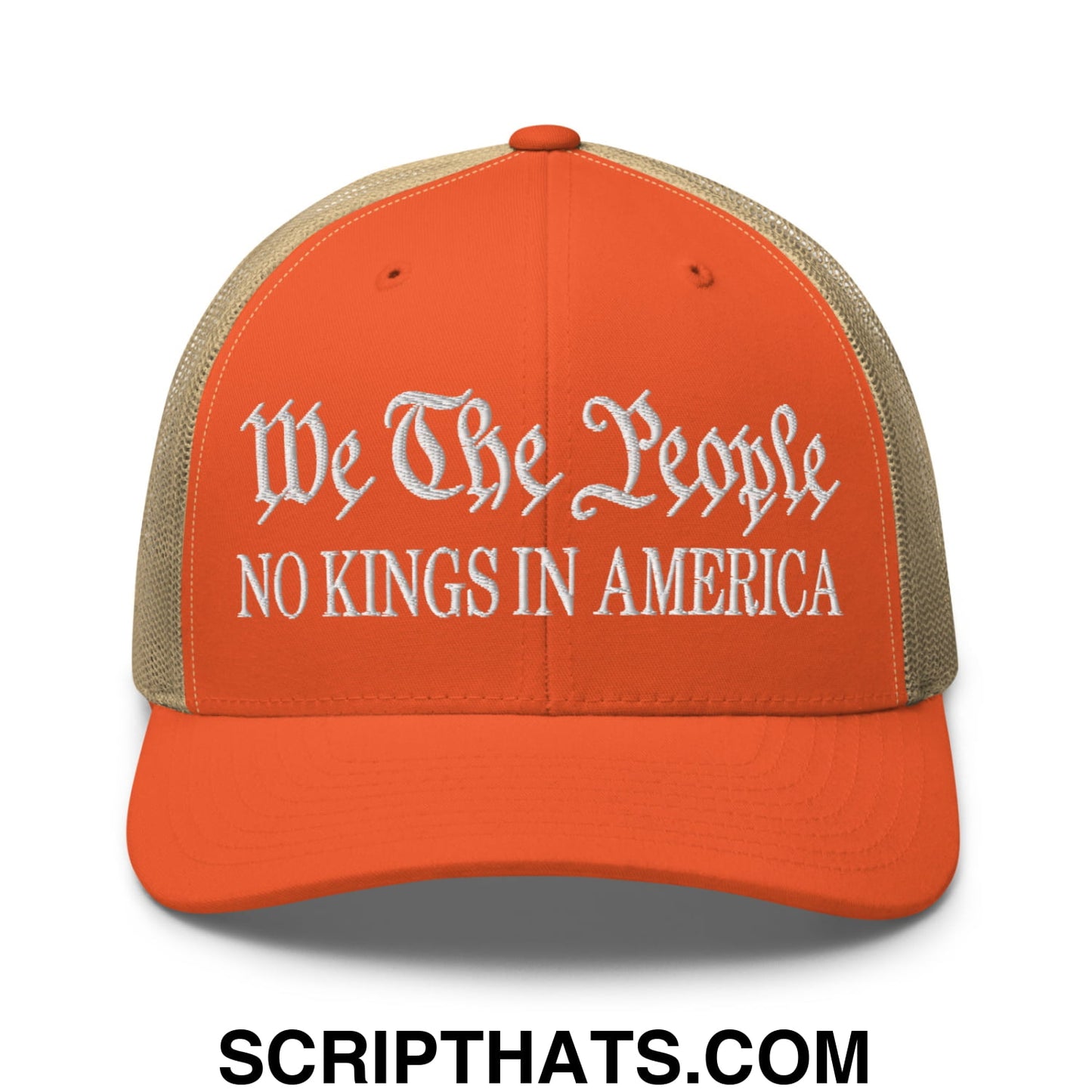We The People No Kings in America Embroidered Mesh Trucker Hat Rustic Orange Khaki