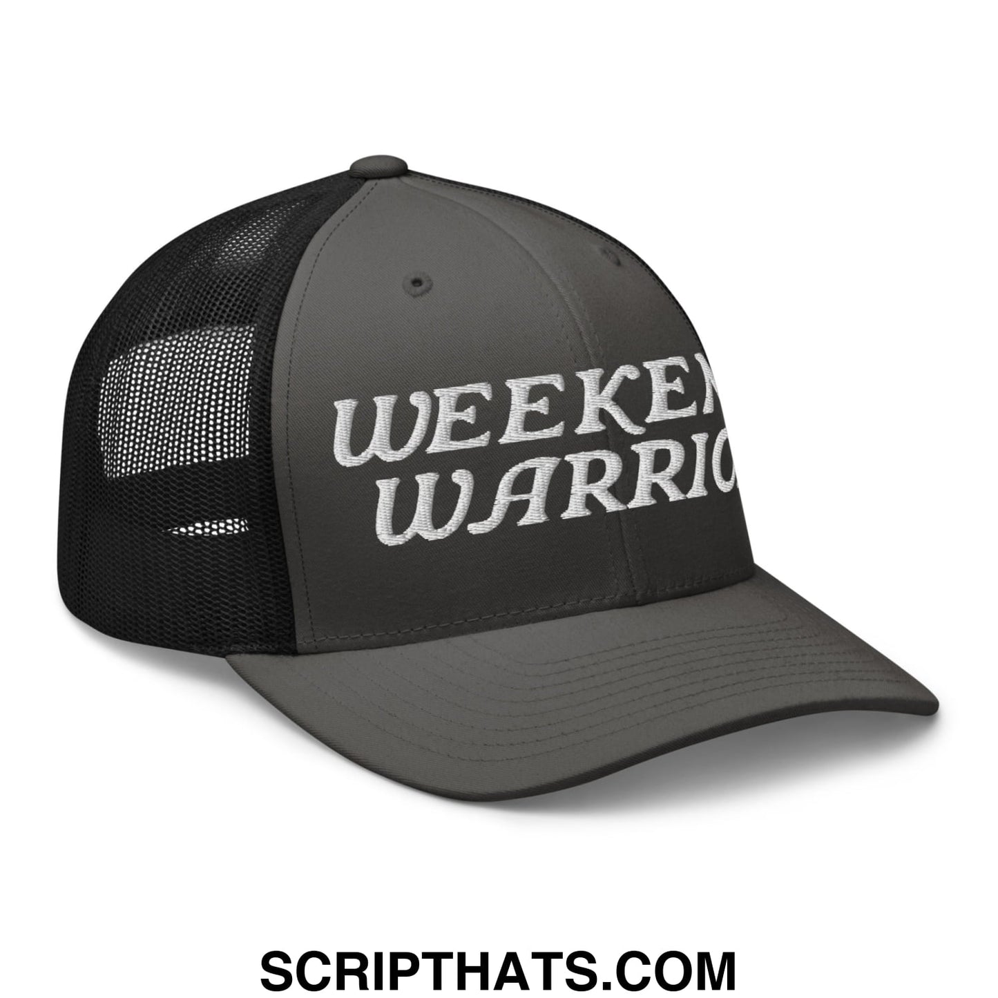 Weekend Warrior Embroidered Mesh Trucker Hat Charcoal Black
