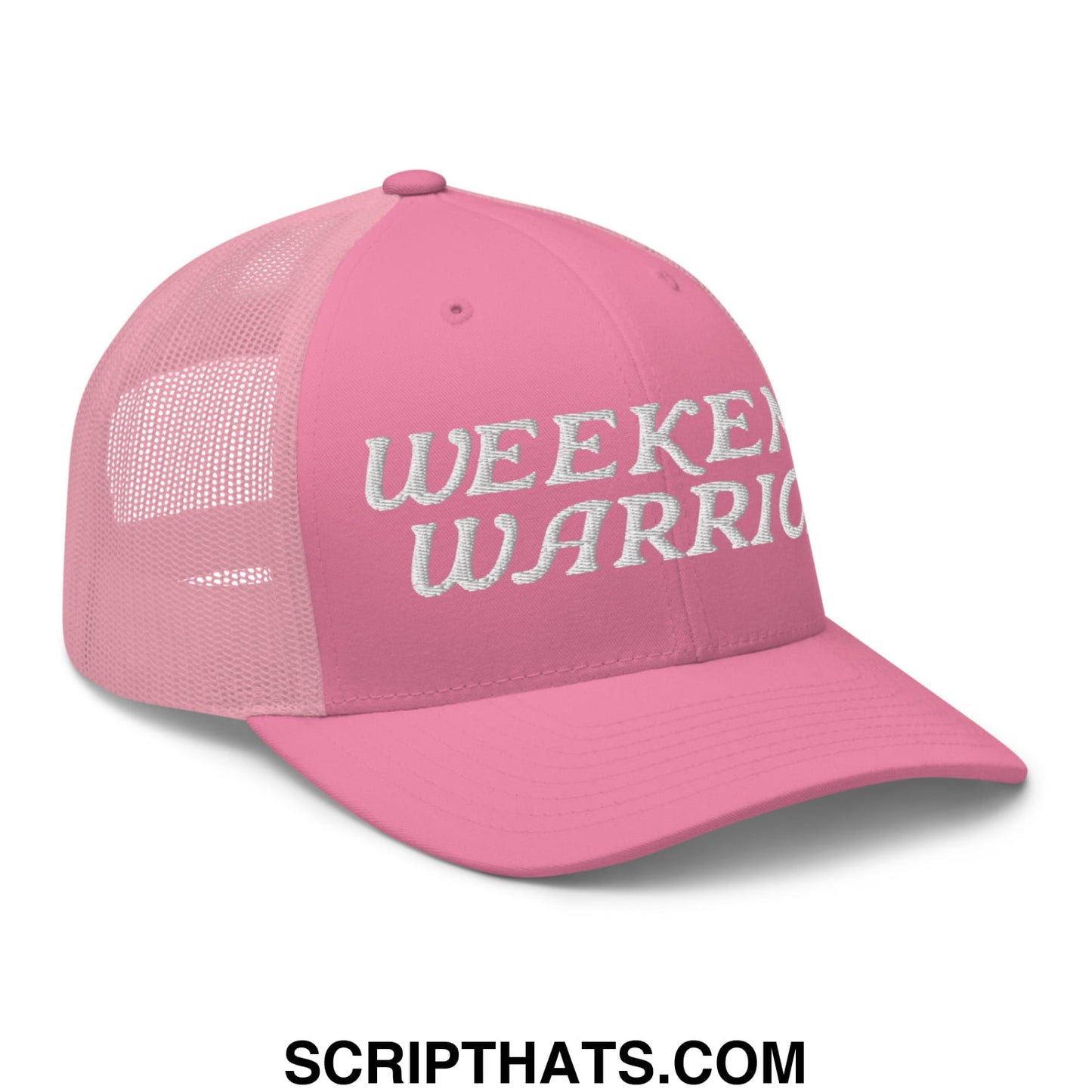 Weekend Warrior Embroidered Mesh Trucker Hat Pink