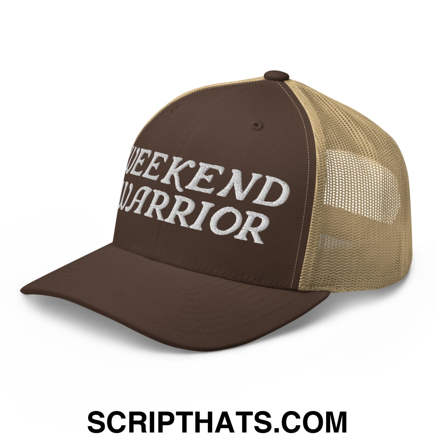 Weekend Warrior Embroidered Mesh Trucker Hat Brown Khaki