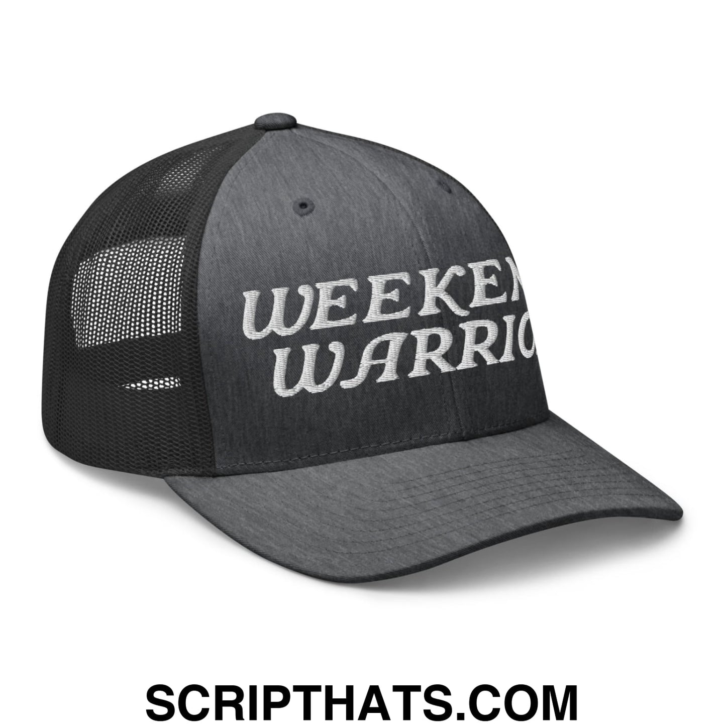 Weekend Warrior Embroidered Mesh Trucker Hat Dark Heather Gray