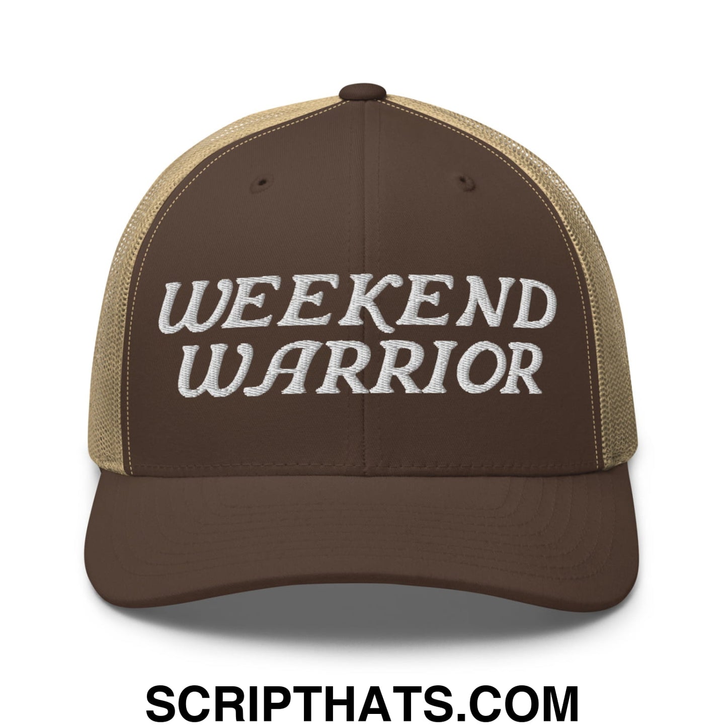 Weekend Warrior Embroidered Mesh Trucker Hat Brown Khaki