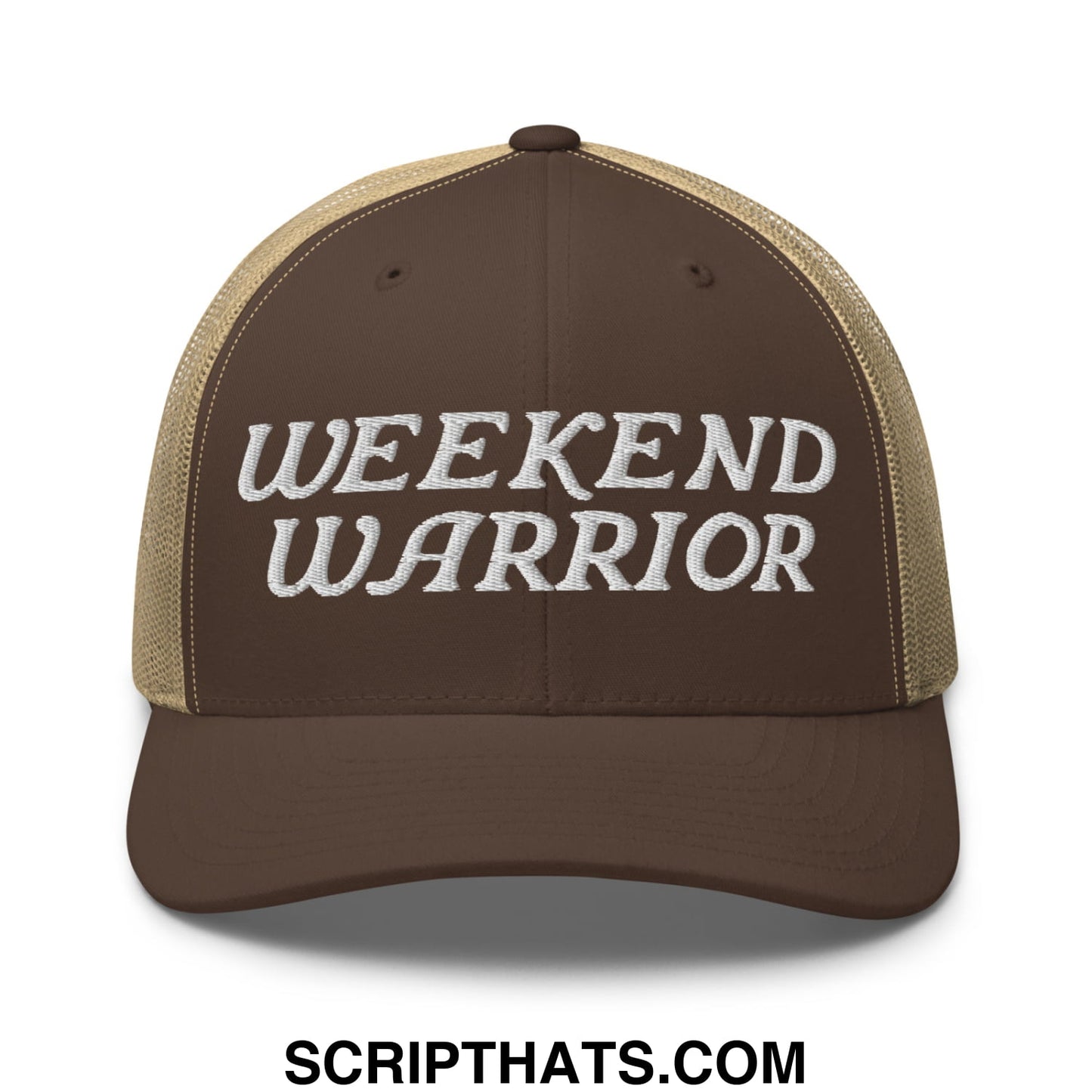 Weekend Warrior Embroidered Mesh Trucker Hat Brown Khaki