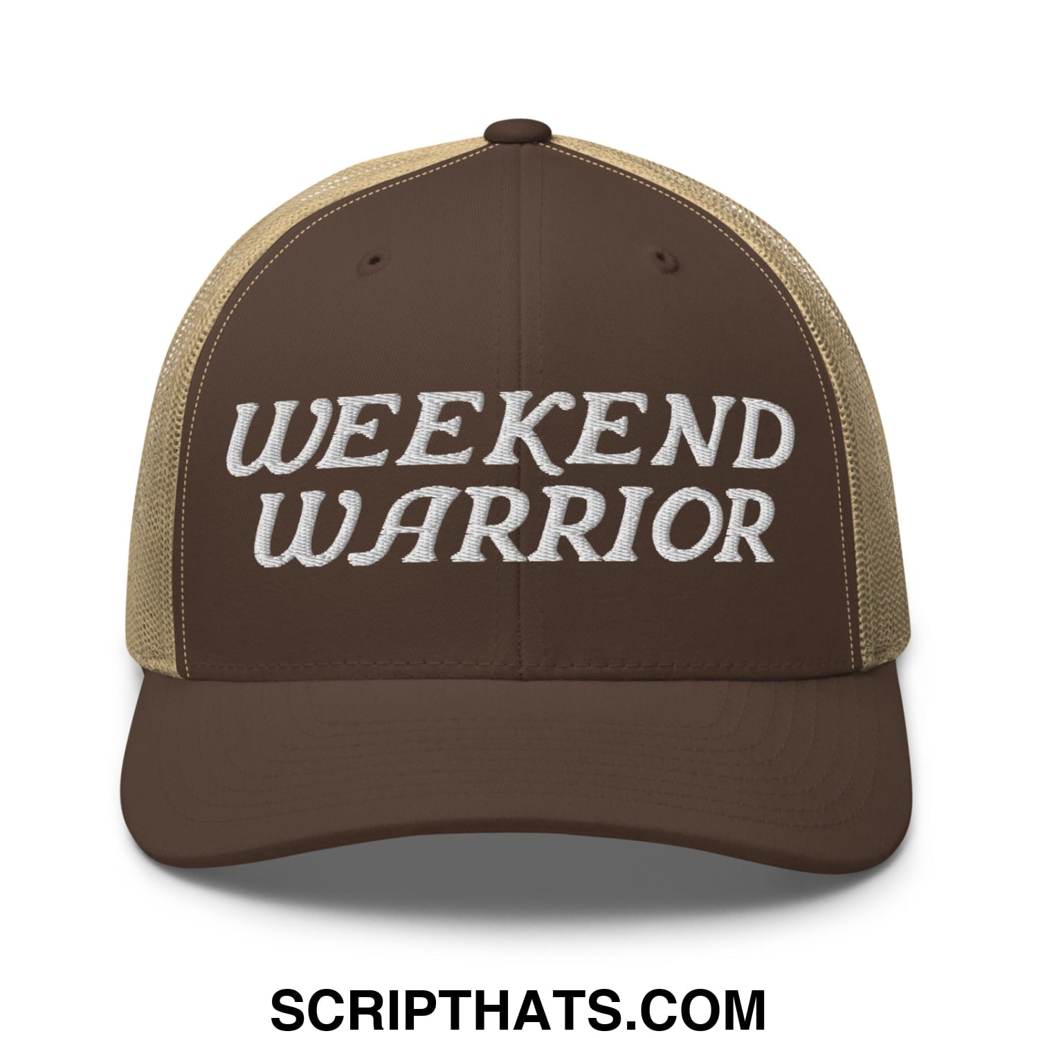Weekend Warrior Embroidered Mesh Trucker Hat Brown Khaki
