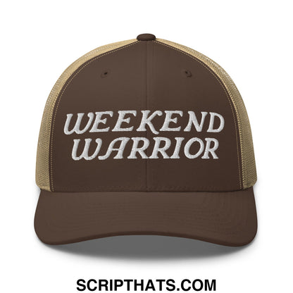 Weekend Warrior Embroidered Mesh Trucker Hat Brown Khaki
