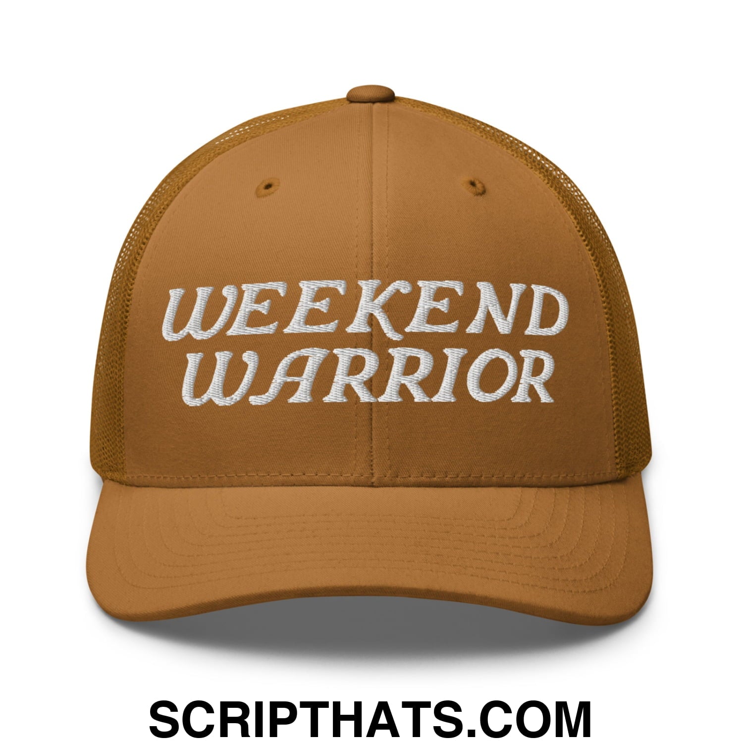 Weekend Warrior Embroidered Mesh Trucker Hat Caramel