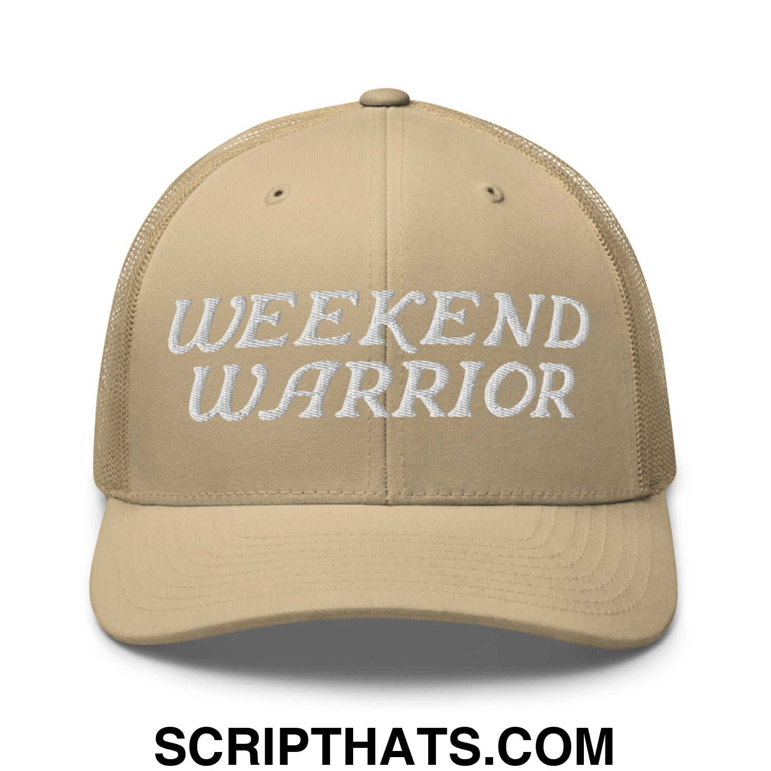 Weekend Warrior Embroidered Mesh Trucker Hat Khaki
