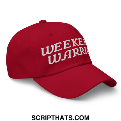 Red unstructured dad hat with white embroidered weekend warrior text perfect for casual wear