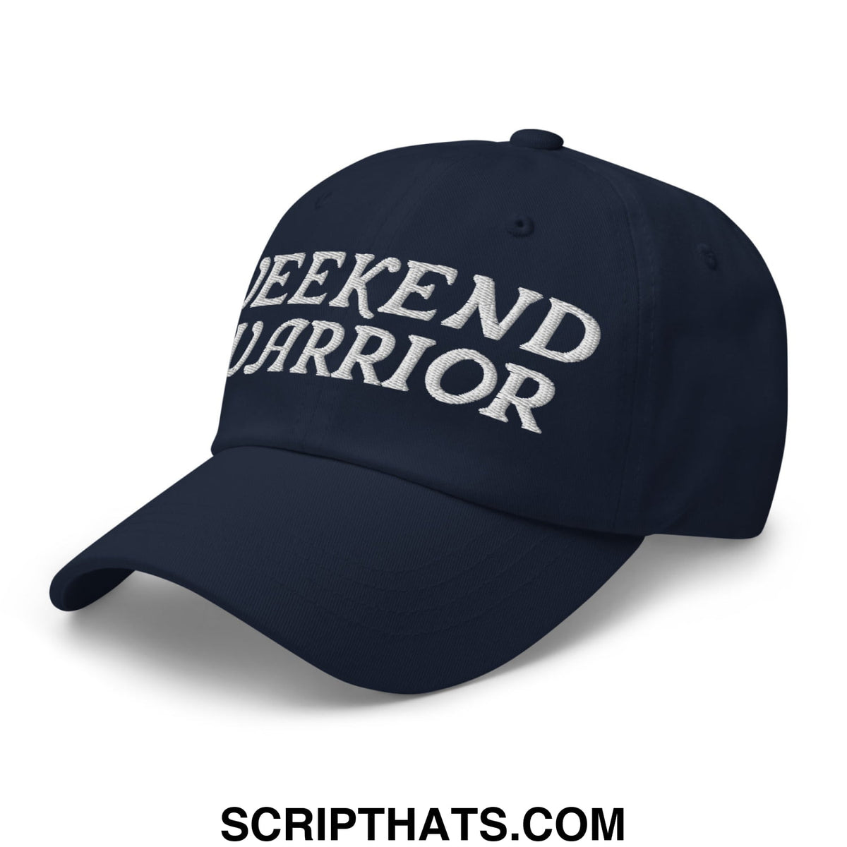 Navy blue unstructured dad hat with weekend warrior embroidered in white thread on front panel