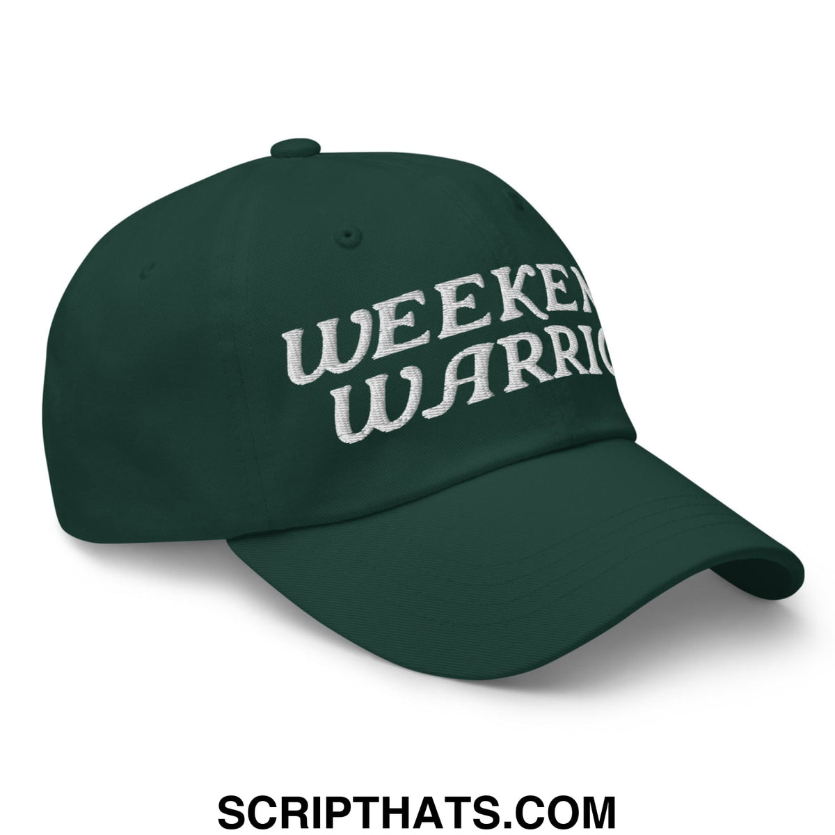 Dark green unstructured dad hat with white embroidered weekend warrior text designed for casual wear