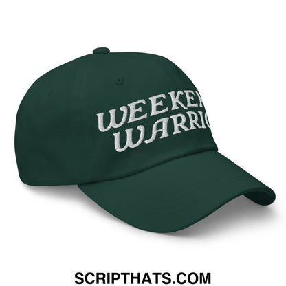 Dark green unstructured dad hat with white embroidered weekend warrior text designed for casual wear