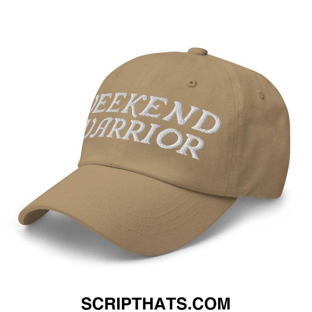 Tan unstructured dad hat with weekend warrior embroidered in white thread across the front