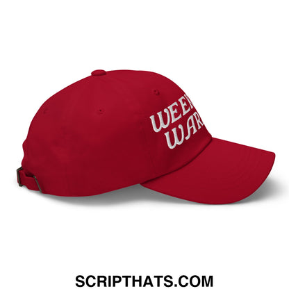 Red unstructured dad hat with white embroidered wee wars text weekend warrior style casual cap