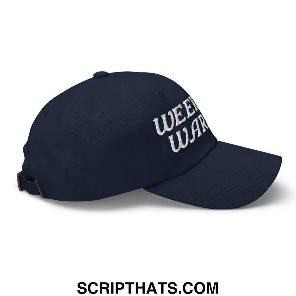 Navy blue unstructured dad hat with white embroidered week war text called weekend warrior embroidered hat