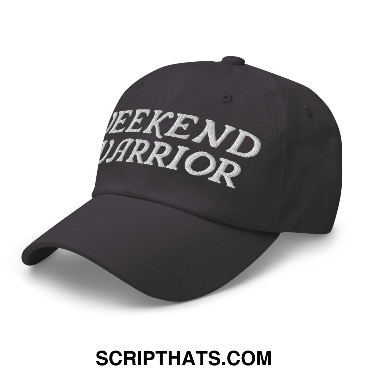 Black unstructured dad hat with weekend warrior embroidered in white thread across the front ideal for casual wear