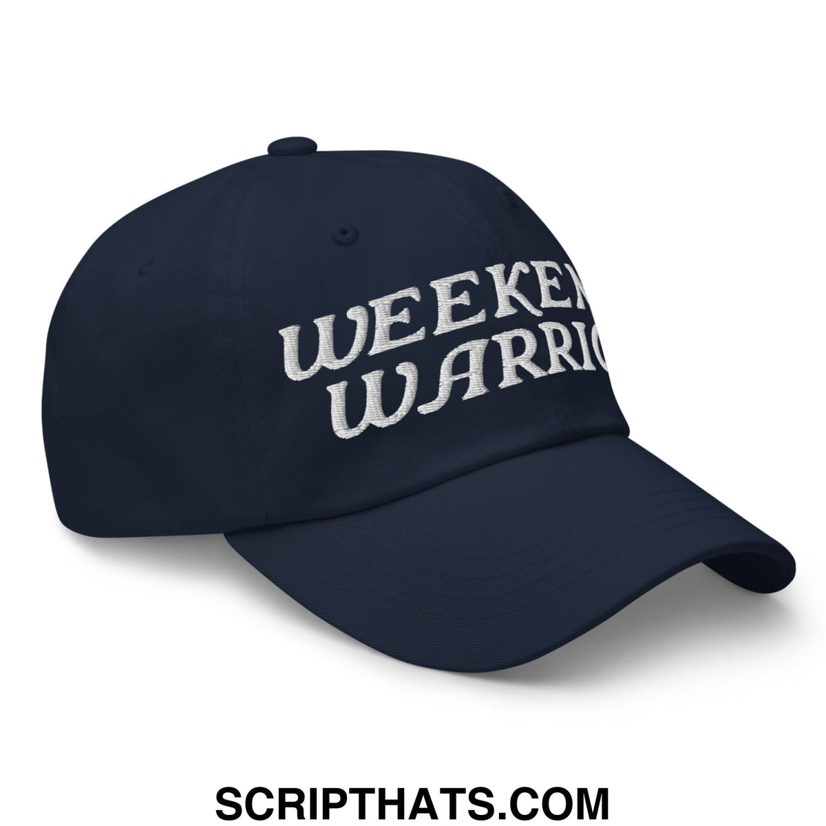 Navy blue unstructured dad hat with white embroidered weekend warrior text, perfect for casual weekend wear