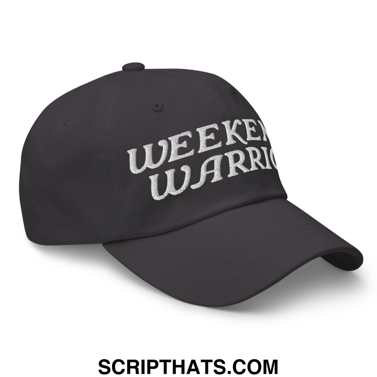 Black unstructured dad hat with white embroidered weekend warrior text suitable for casual weekend wear