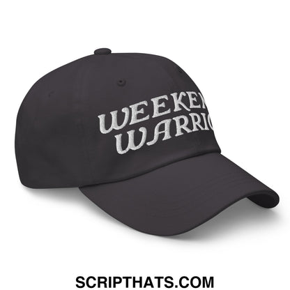 Black unstructured dad hat with white embroidered weekend warrior text suitable for casual weekend wear