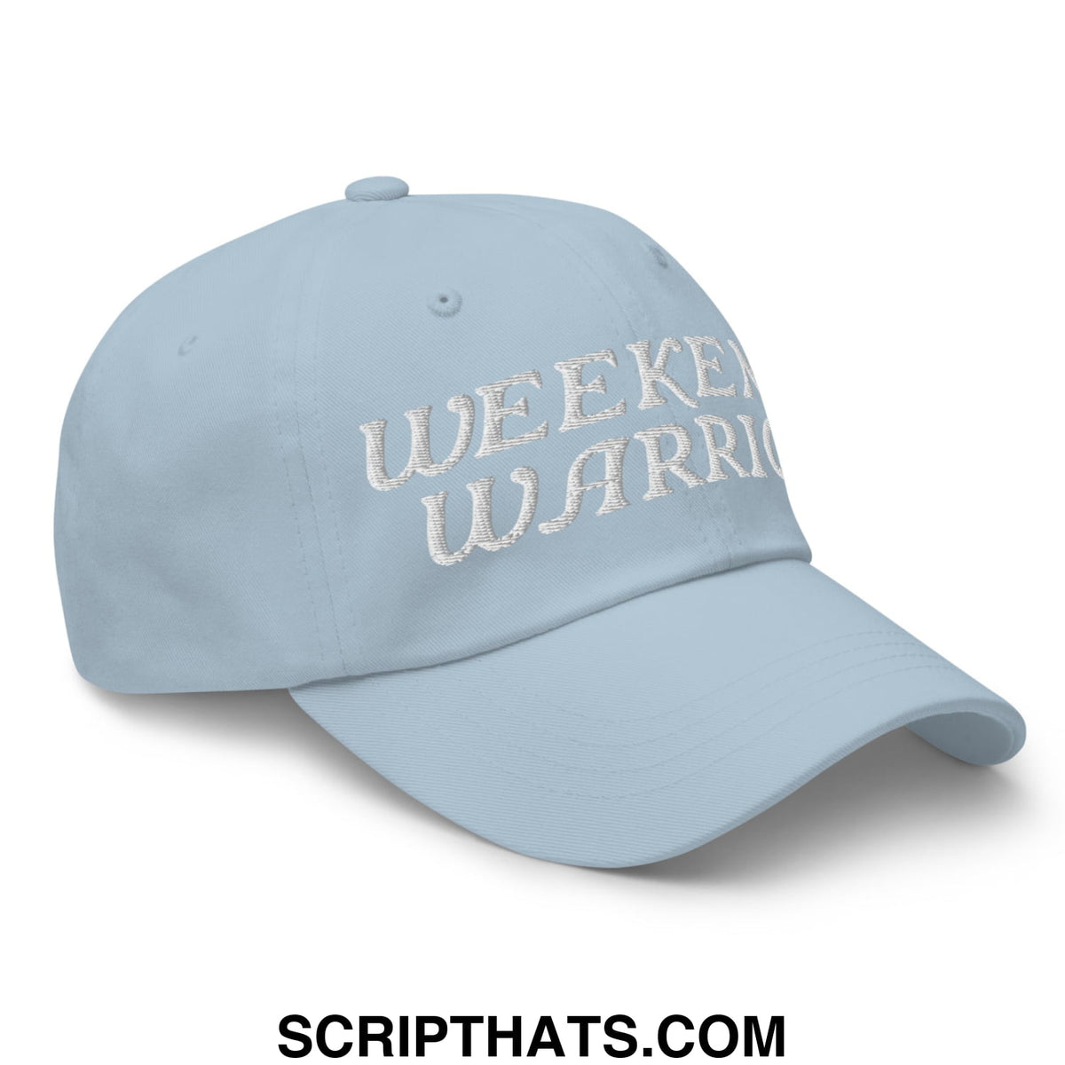 Light blue unstructured dad hat with white embroidered weekend warrior text perfect for casual weekend wear