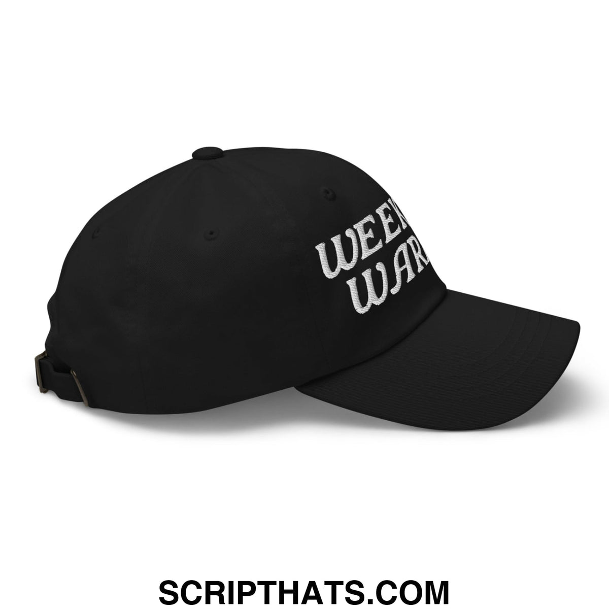 Black unstructured dad hat with white embroidered weekend warrior text perfect for casual outdoor wear