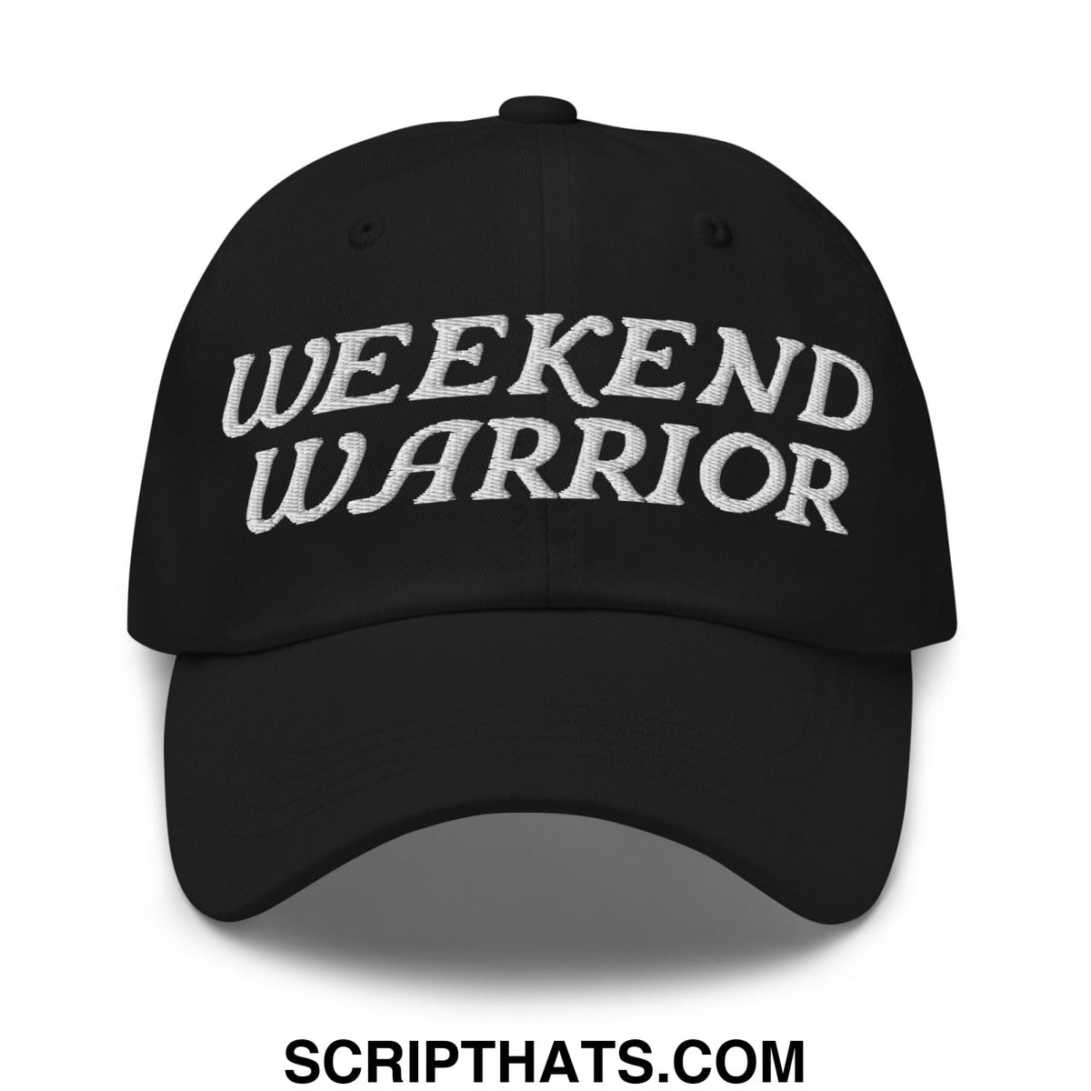 Black unstructured dad hat with weekend warrior embroidered in white thread on the front perfect for casual wear