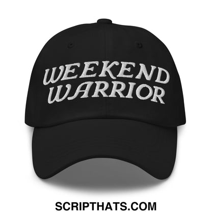 Black unstructured dad hat with weekend warrior embroidered in white thread on the front perfect for casual wear