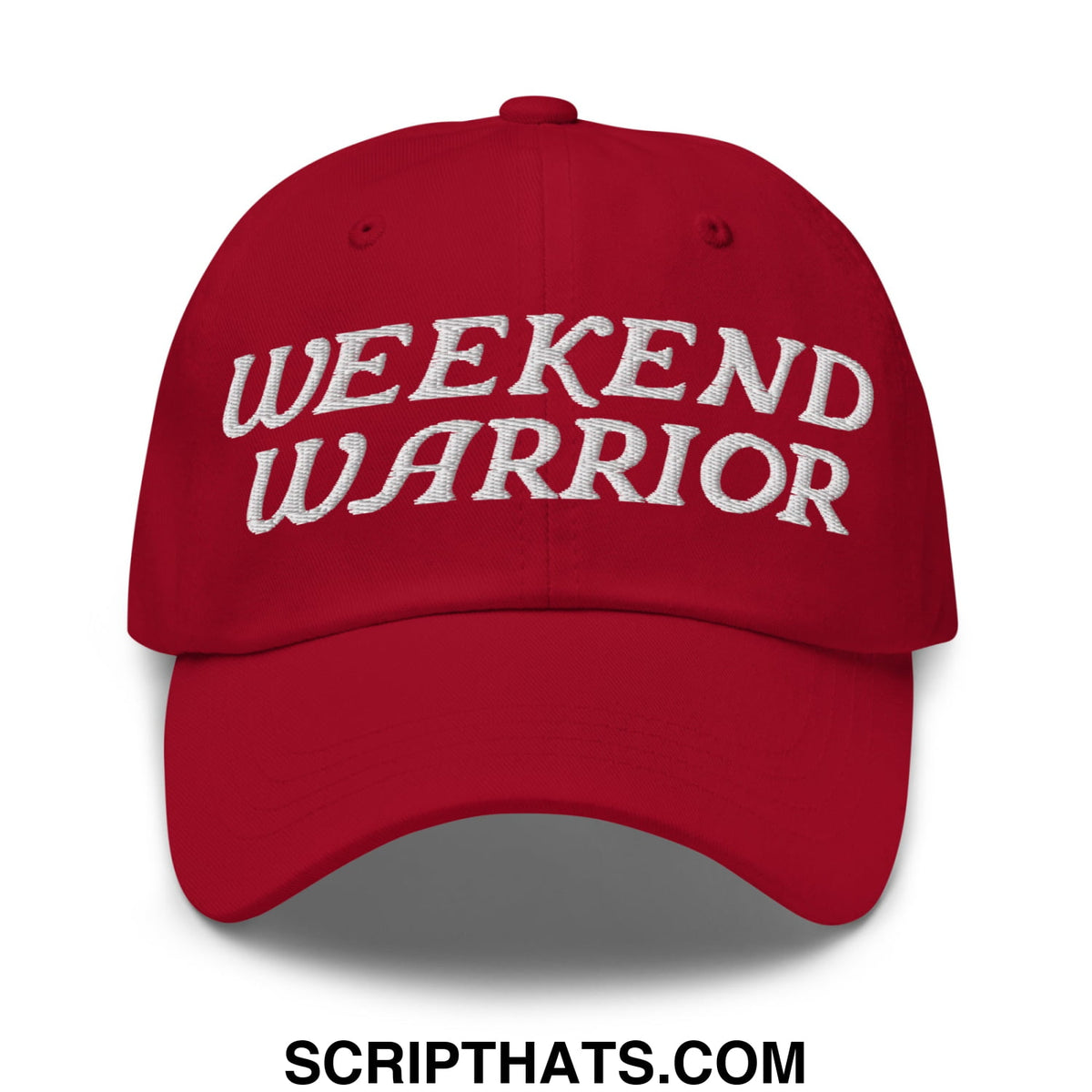 Red unstructured dad hat with white embroidered weekend warrior text perfect for casual weekend wear