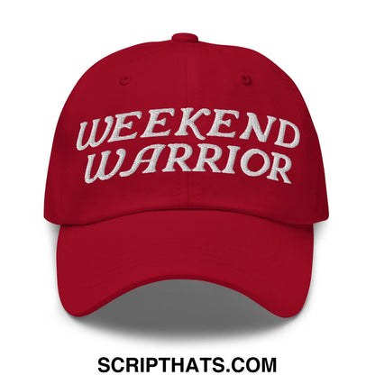 Red unstructured dad hat with white embroidered weekend warrior text perfect for casual weekend wear