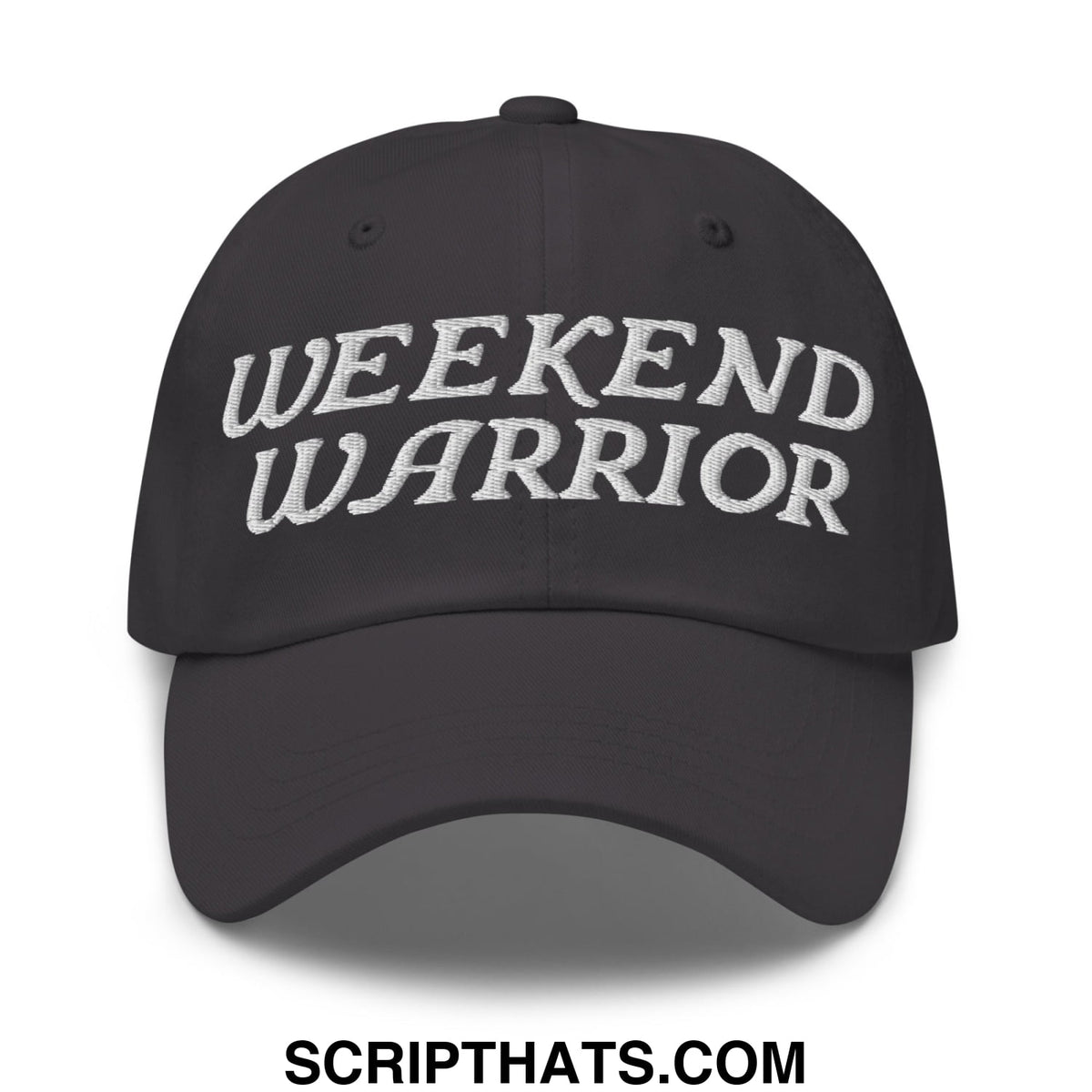Black unstructured dad hat with weekend warrior embroidered in white thread across the front for casual wear