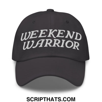 Black unstructured dad hat with weekend warrior embroidered in white thread across the front for casual wear
