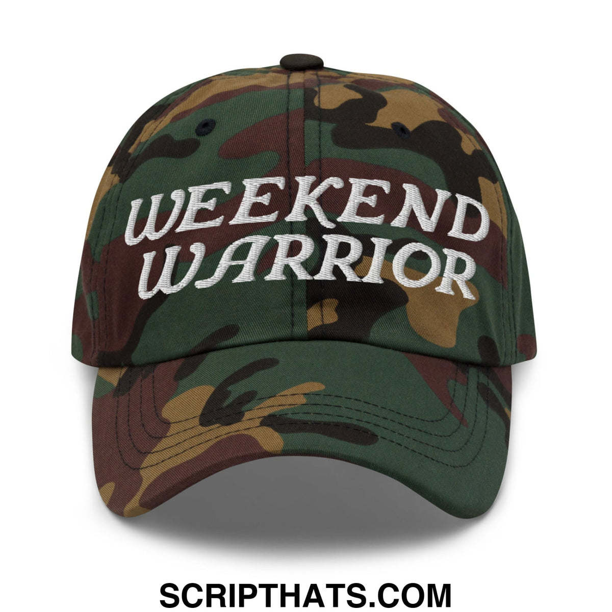 Camouflage unstructured dad hat with weekend warrior embroidered in white thread for casual outdoor wear