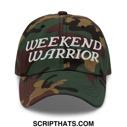 Camouflage unstructured dad hat with weekend warrior embroidered in white thread for casual outdoor wear