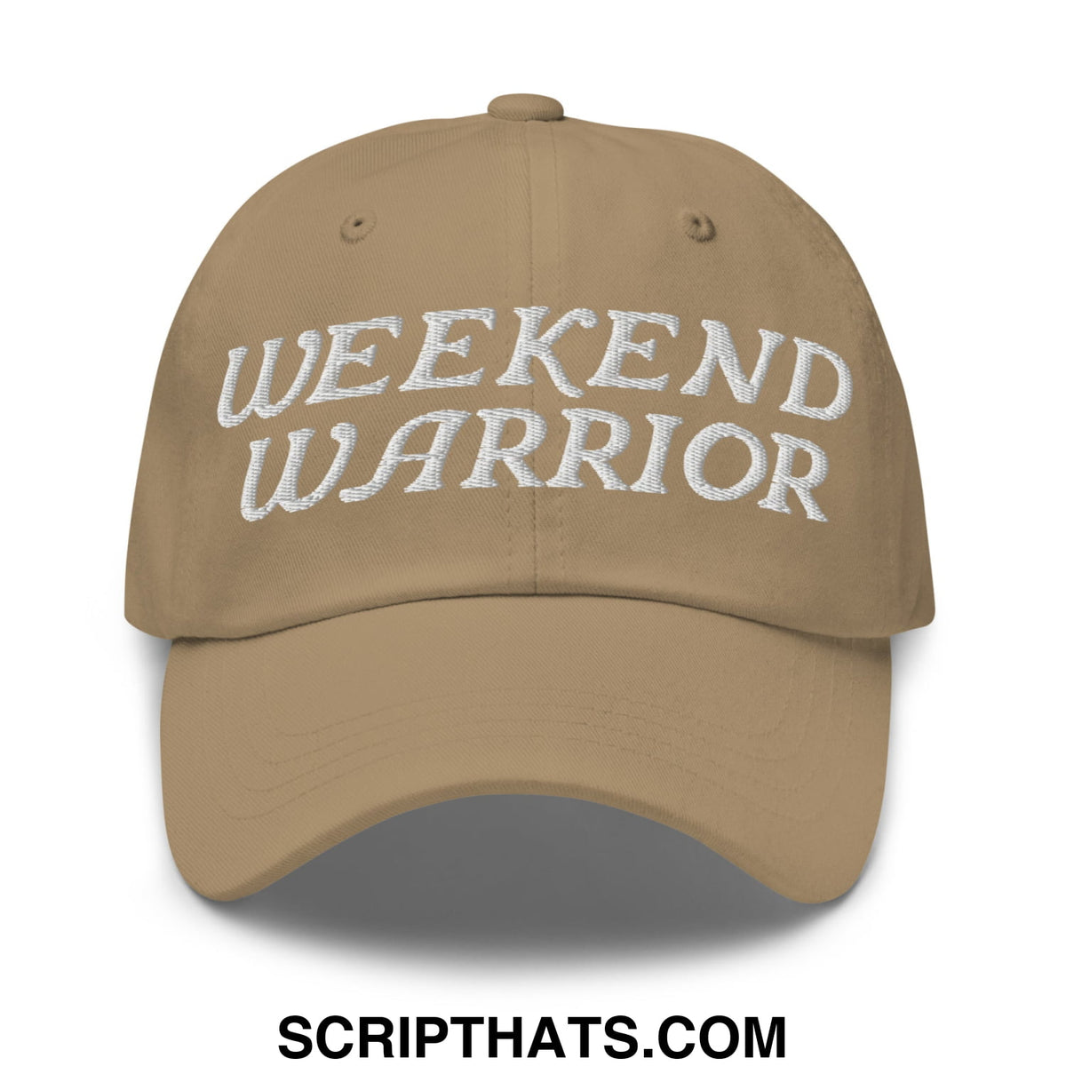 Tan unstructured dad hat with white embroidered weekend warrior text across the front for casual wear