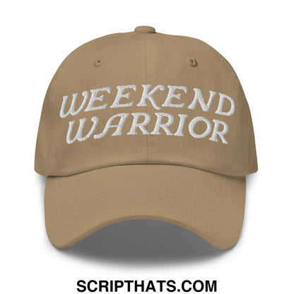 Tan unstructured dad hat with white embroidered weekend warrior text across the front for casual wear