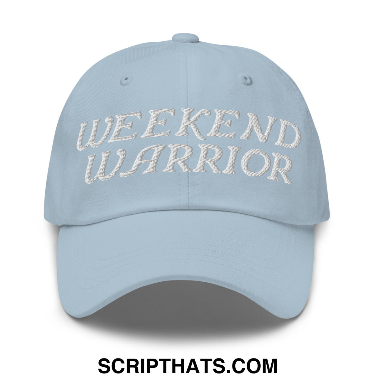 Light blue unstructured dad hat with weekend warrior embroidered in white thread across the front