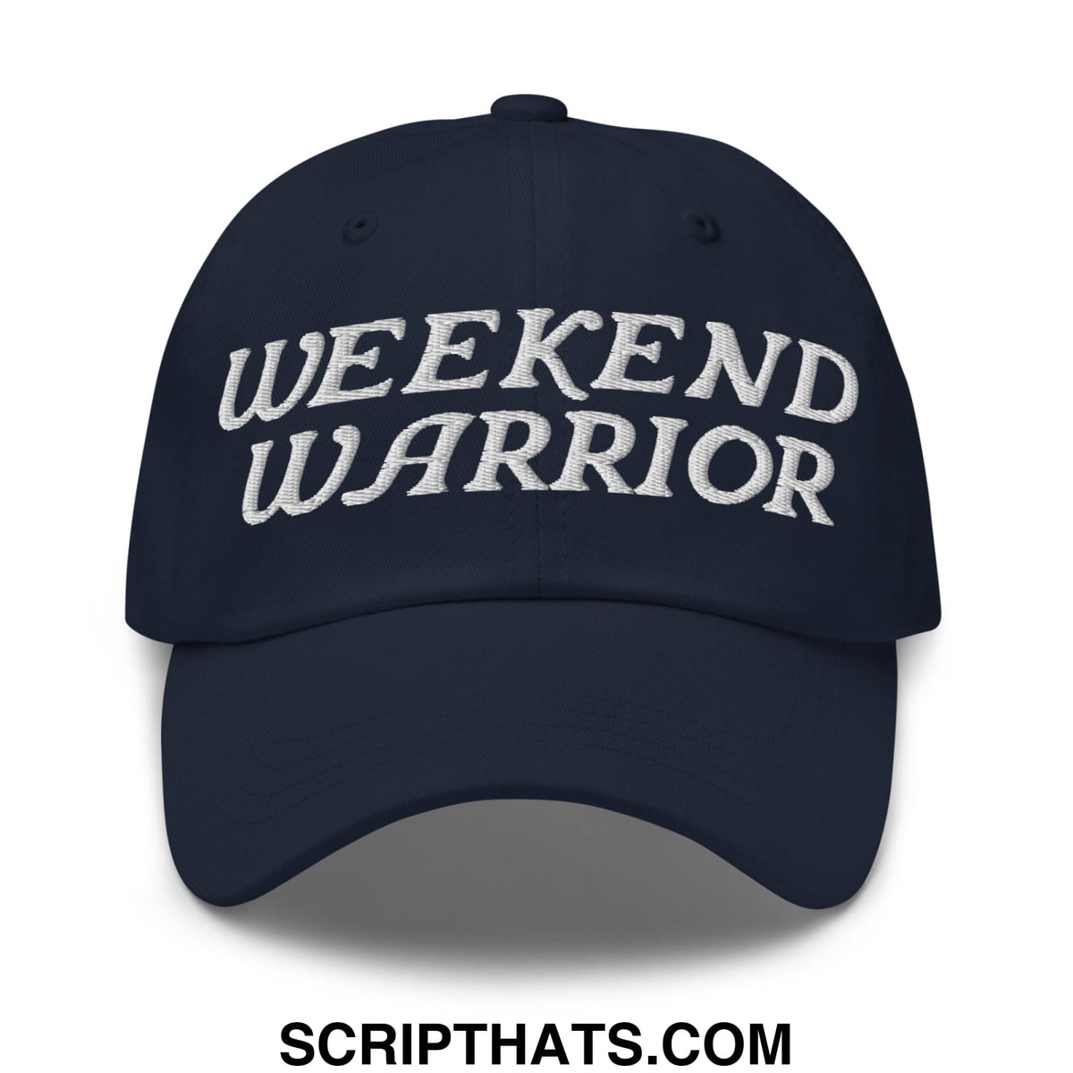 Navy blue unstructured dad hat with white embroidered weekend warrior text perfect for casual wear
