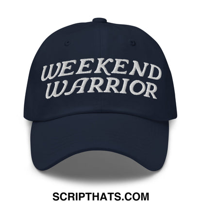 Navy blue unstructured dad hat with white embroidered weekend warrior text perfect for casual wear
