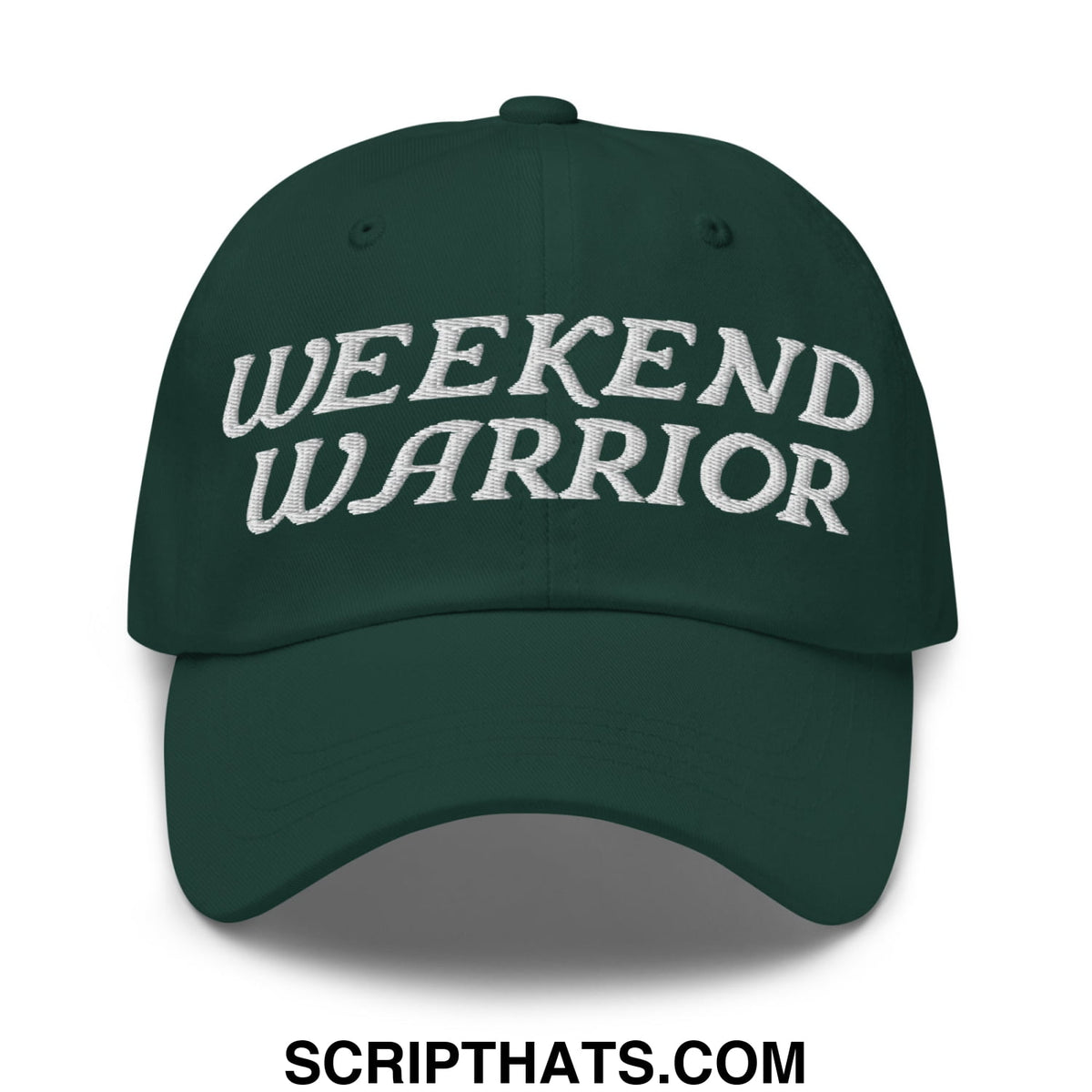 Dark green unstructured dad hat with white embroidered weekend warrior text for casual outdoor wear