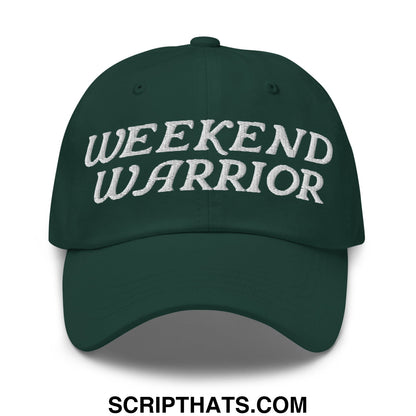 Dark green unstructured dad hat with white embroidered weekend warrior text for casual outdoor wear
