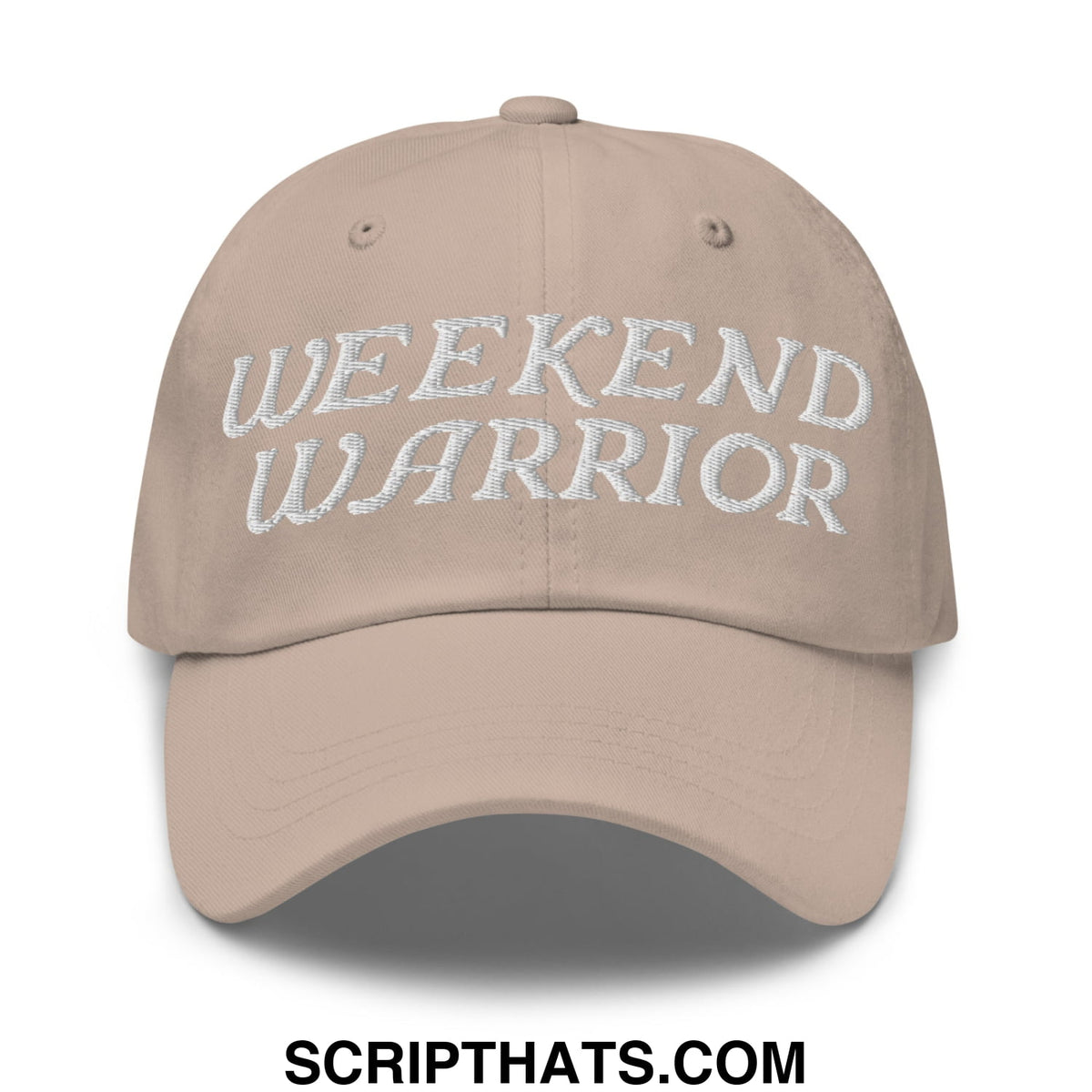 Beige unstructured dad hat with white embroidered weekend warrior text perfect for casual outdoor wear