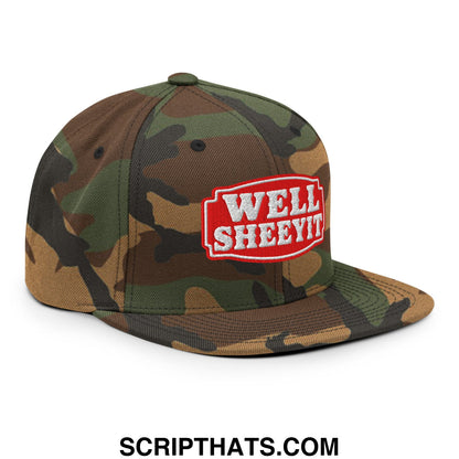 Well Sheeyit Embroidered Flat Bill Brim Snapback Hat Green Camo