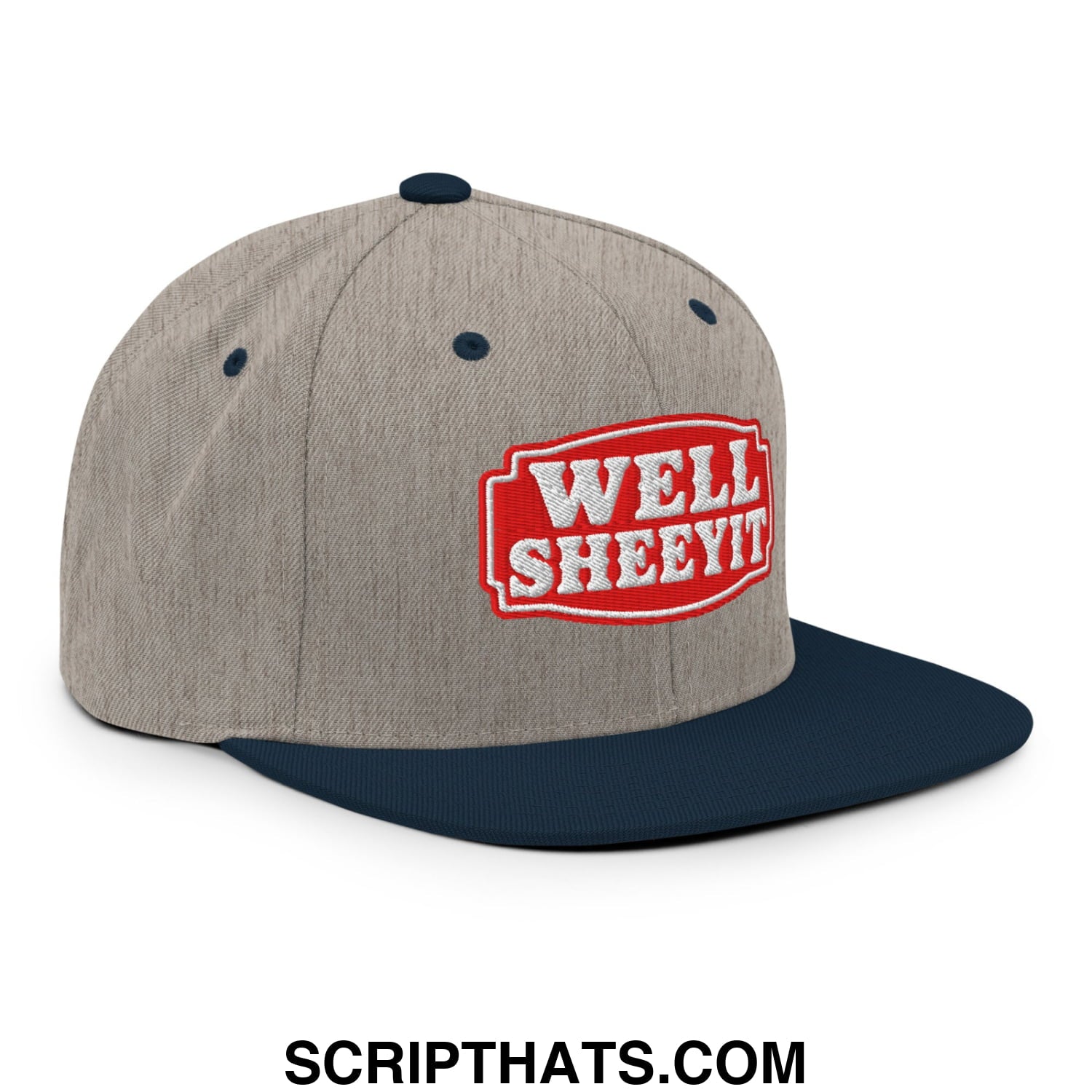 Well Sheeyit Embroidered Flat Bill Brim Snapback Hat Heather Grey Navy